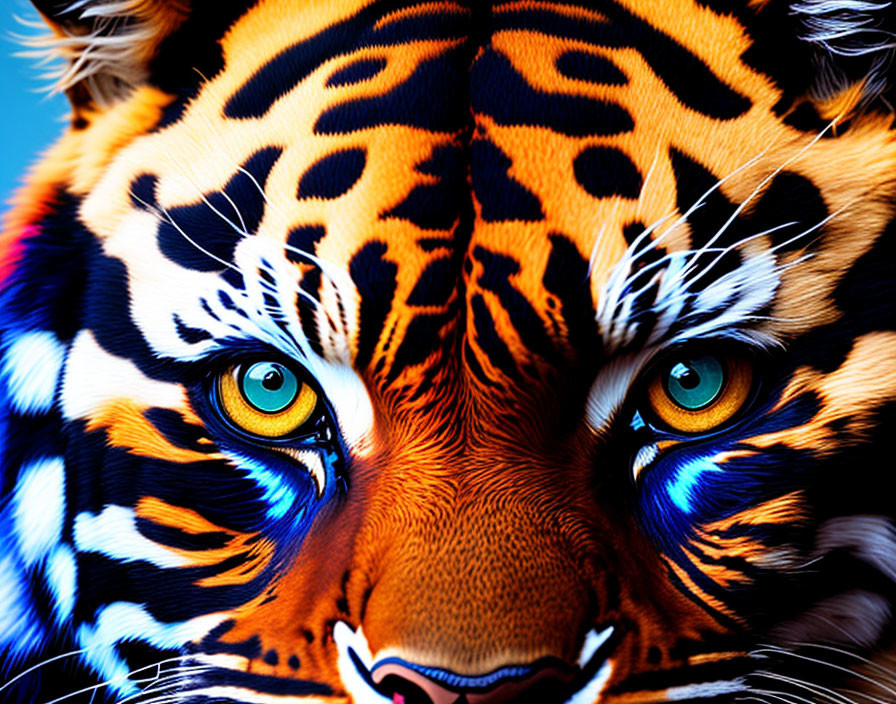 Detailed Close-Up of Striped Tiger with Green Eyes on Blue Background