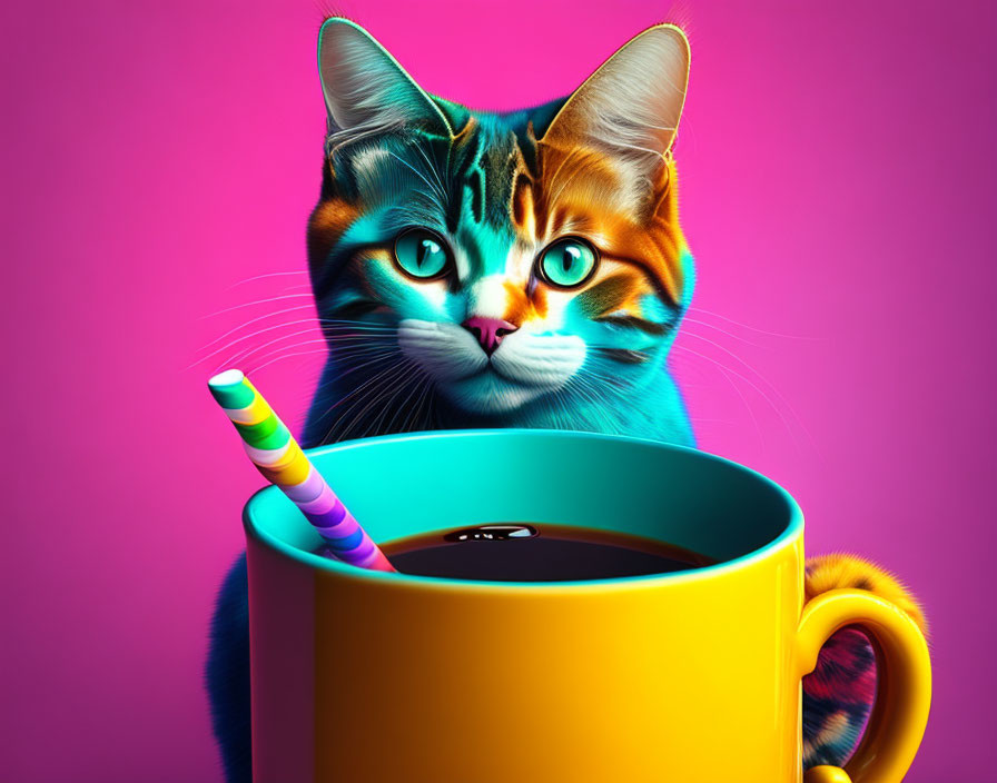 Colorful Digital Artwork: Cat with Vibrant Stripes Behind Coffee Mug