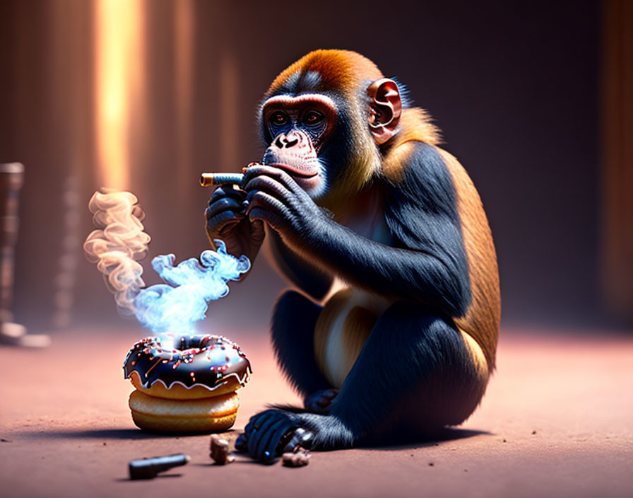 Introspective monkey with cigar, incense burner, donut, and ashes