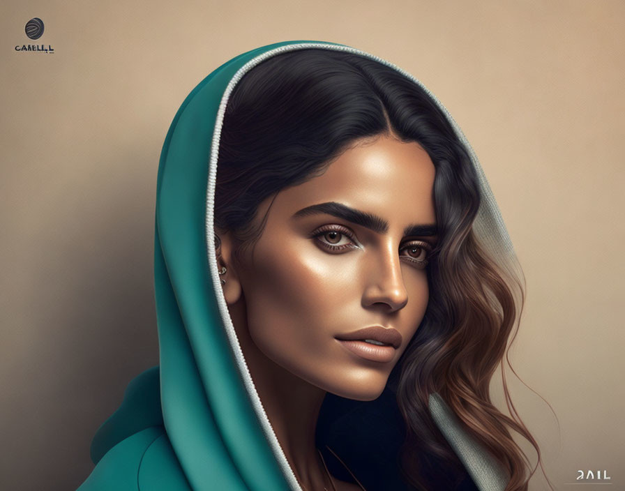 Detailed digital portrait of a woman with prominent eyebrows and long wavy hair in teal headscarf