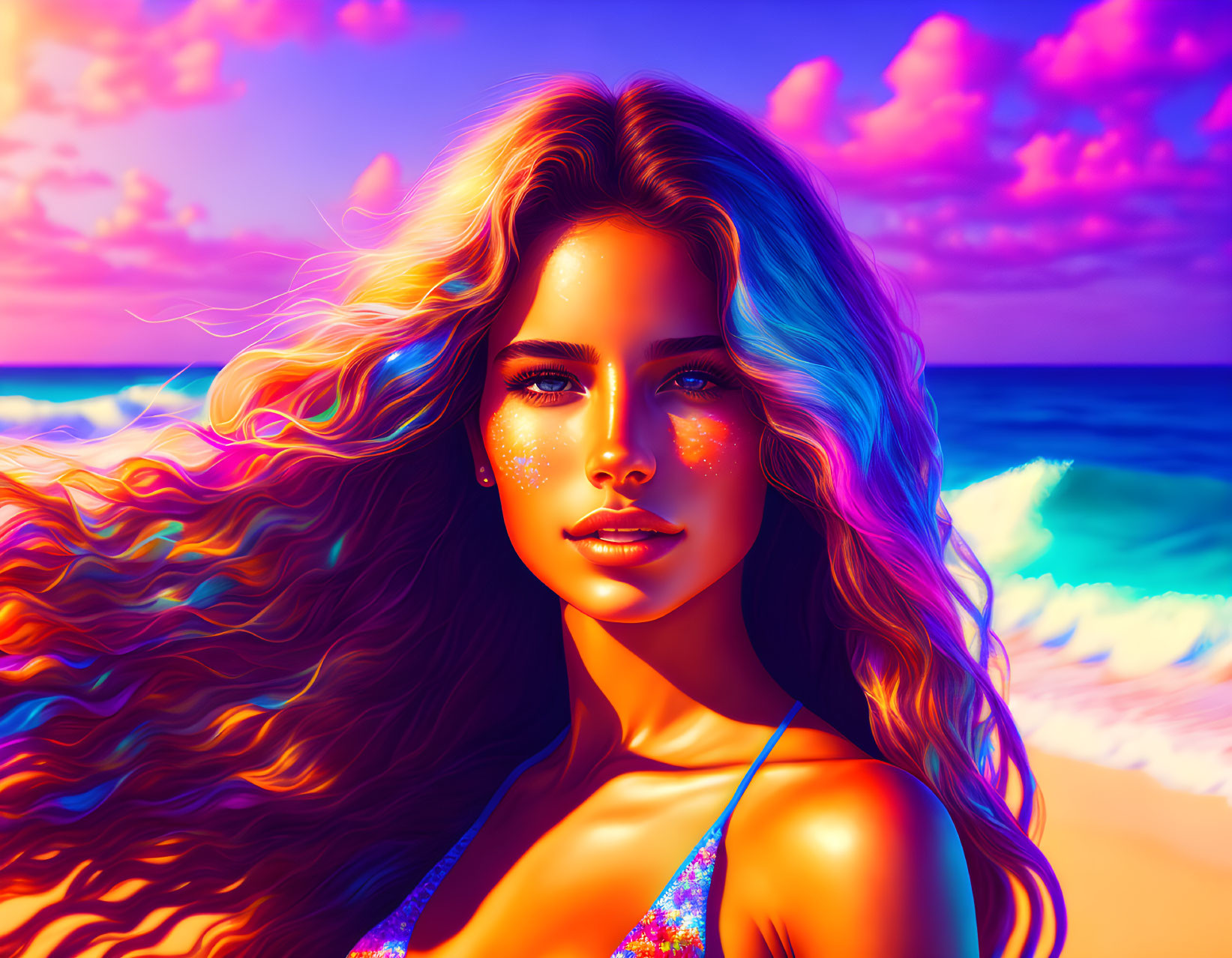 Vibrant digital artwork: woman with flowing hair and glittery skin at beach sunset