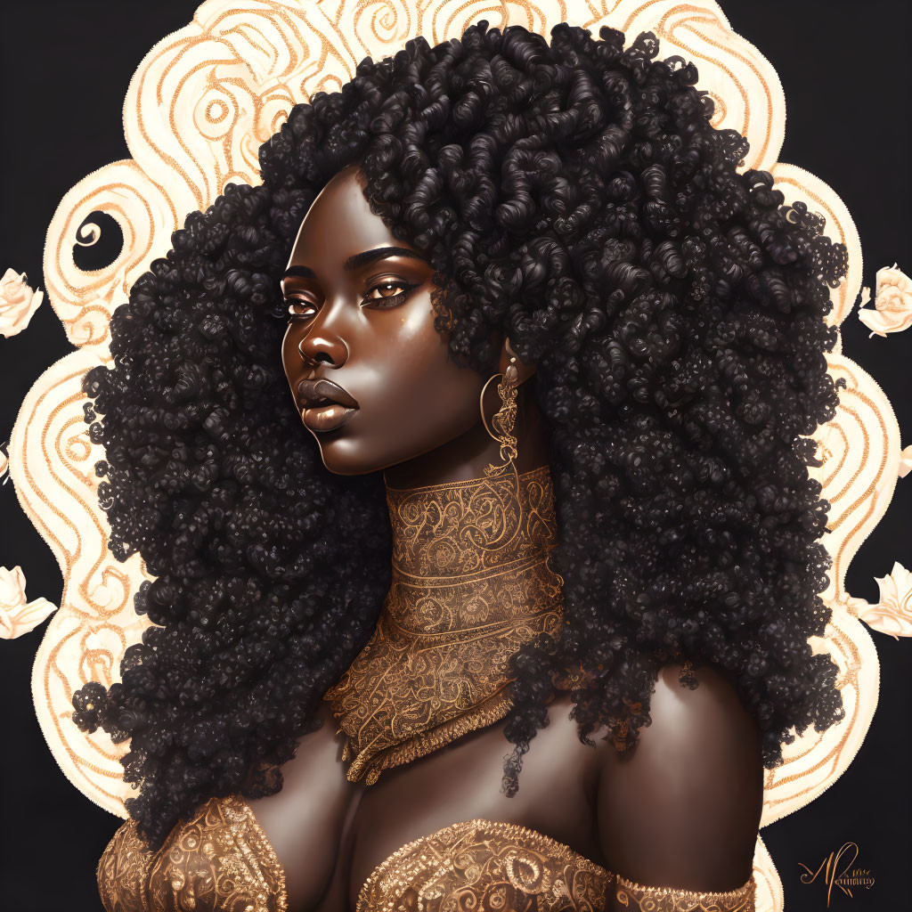 Detailed digital portrait of woman with curly hair, jewelry, and tattoo-like neckline design