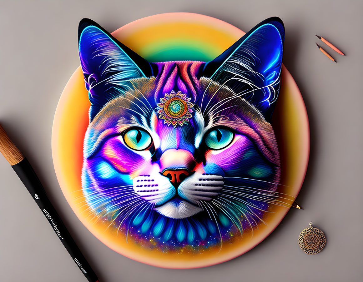 Colorful Painting of Cat with Third Eye on Plate and Art Supplies