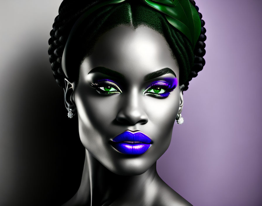 Portrait of Woman with Green Eye Shadow, Blue Lips, and Green Headscarf on Purple Background