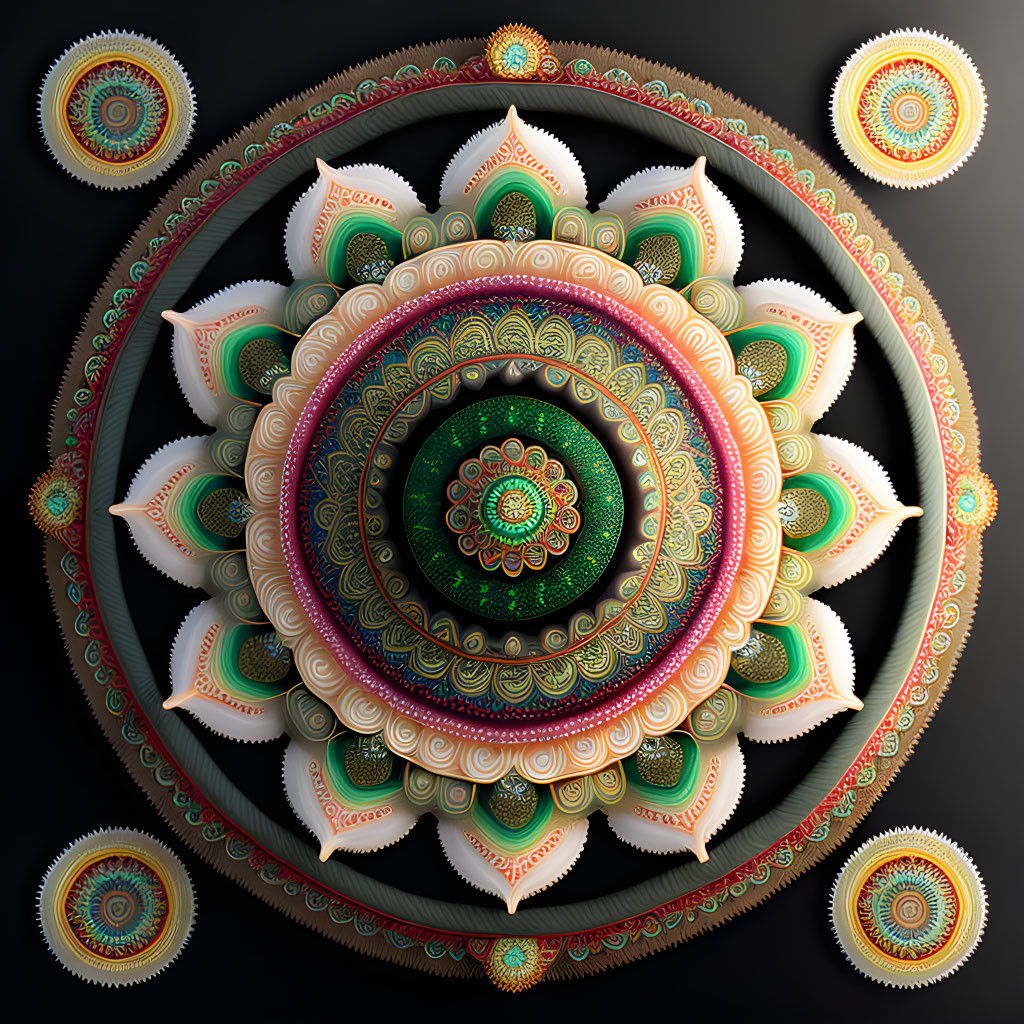 Colorful intricate mandala art on dark background