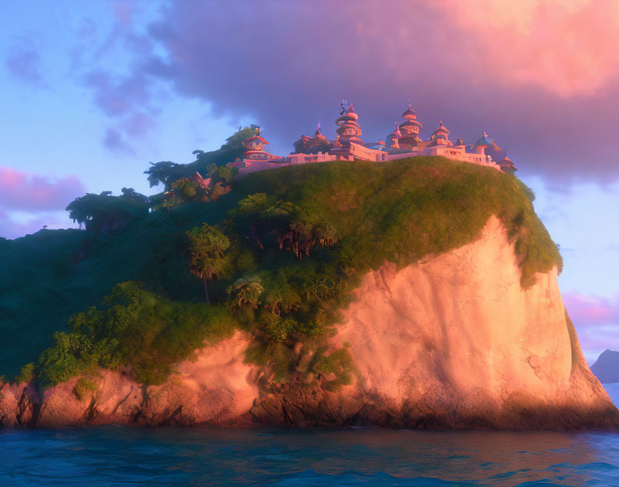 Majestic palace with domes on green cliff above blue sea at sunset