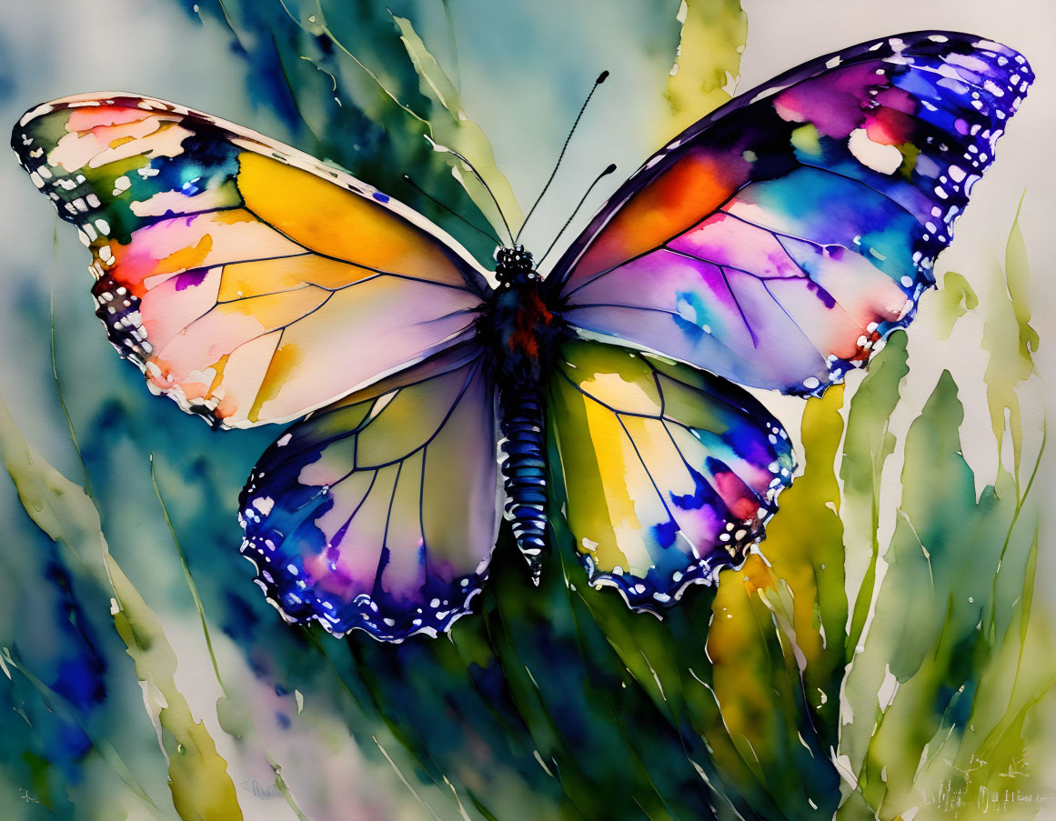 Colorful Butterfly Watercolor Painting on Green Foliage Background