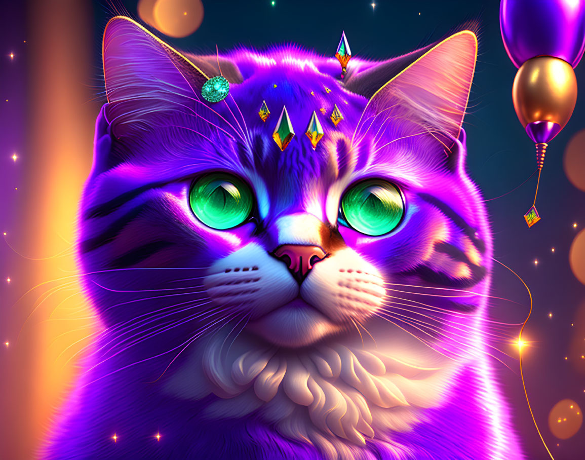 Colorful Illustration: Purple Cat with Gemstone Eyes and Balloons on Starry Background