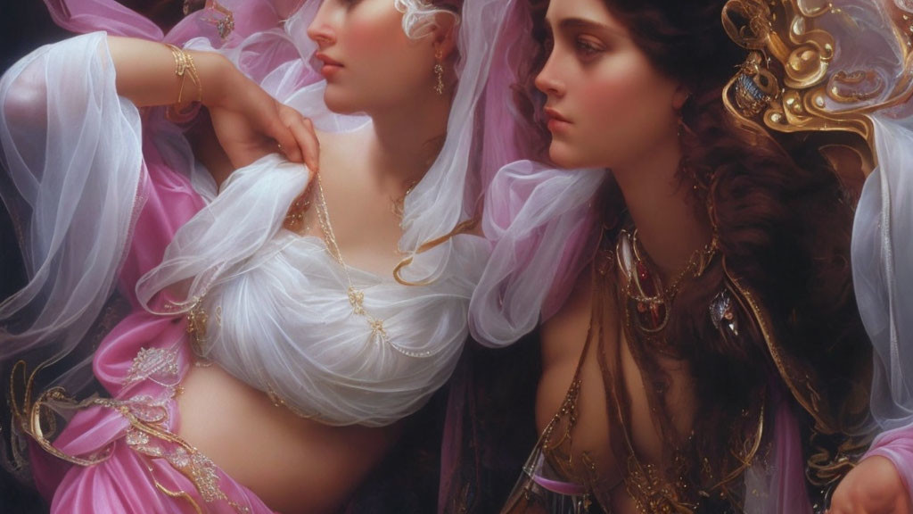 Classical painting style featuring two women in gold jewelry and pastel fabrics