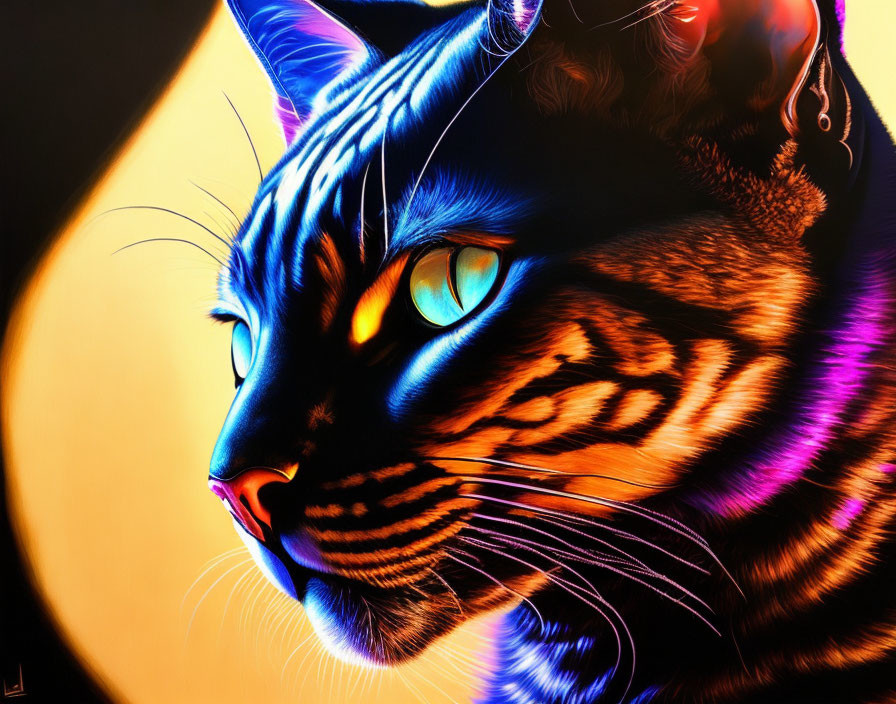 Colorful digital art: Cat with orange eyes in moonlit scene