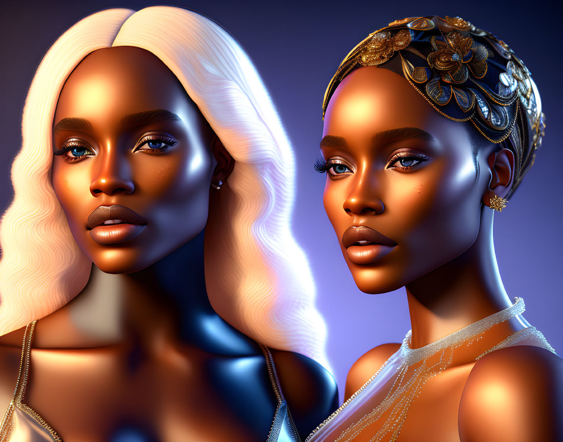 Striking 3D-rendered women with golden accessories on warm gradient backdrop