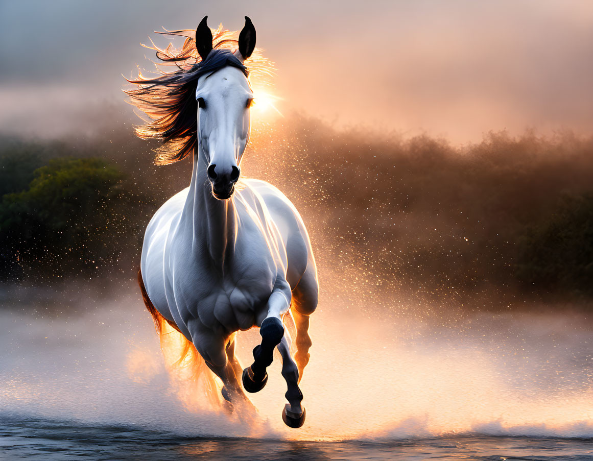 White Horse Galloping Through Water in Magical Setting