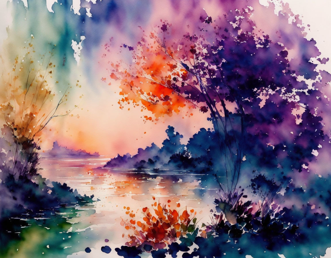 Vibrant Watercolor Painting of Colorful Landscape at Sunset