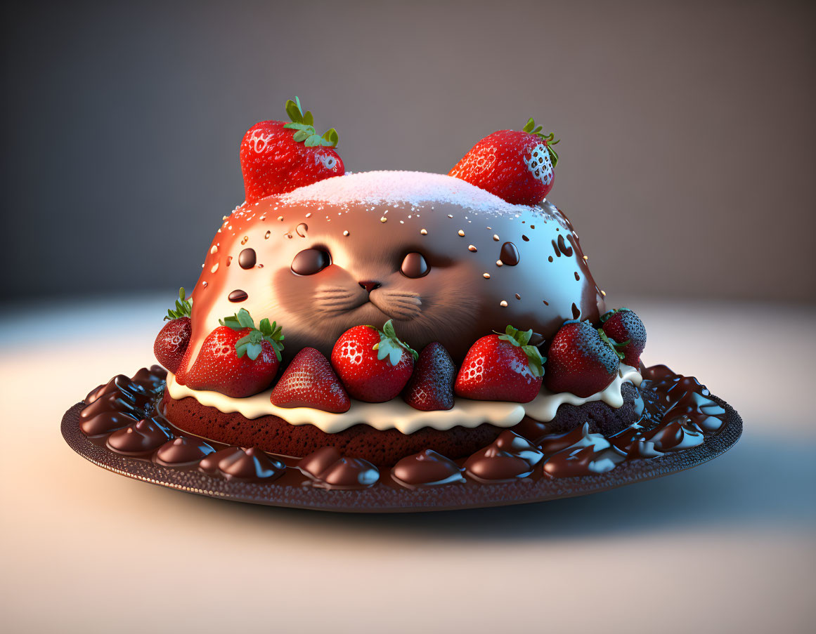 Whimsical cat face dessert with chocolate and strawberries