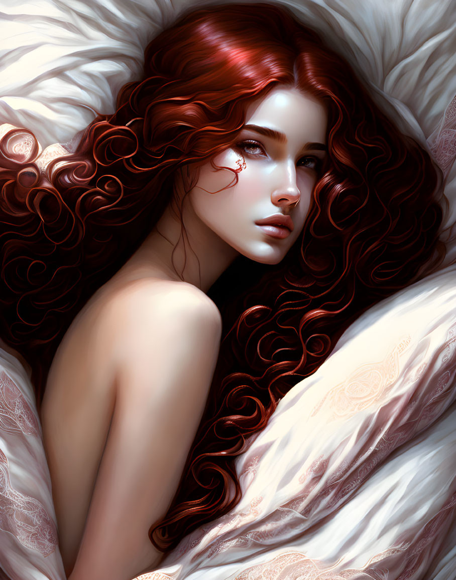 Red-haired woman reclining on white pillow in cozy bed