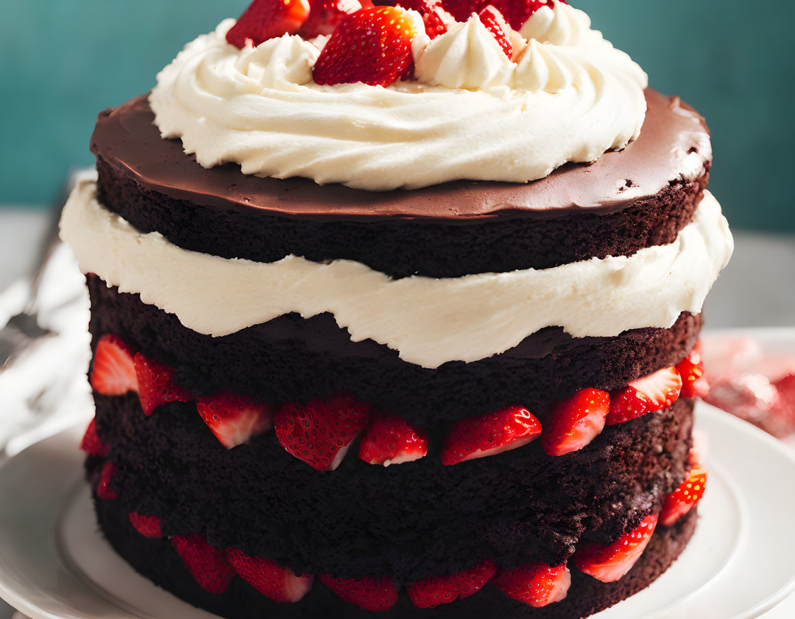 Decadent layered chocolate cake with whipped cream, strawberries, and ganache.