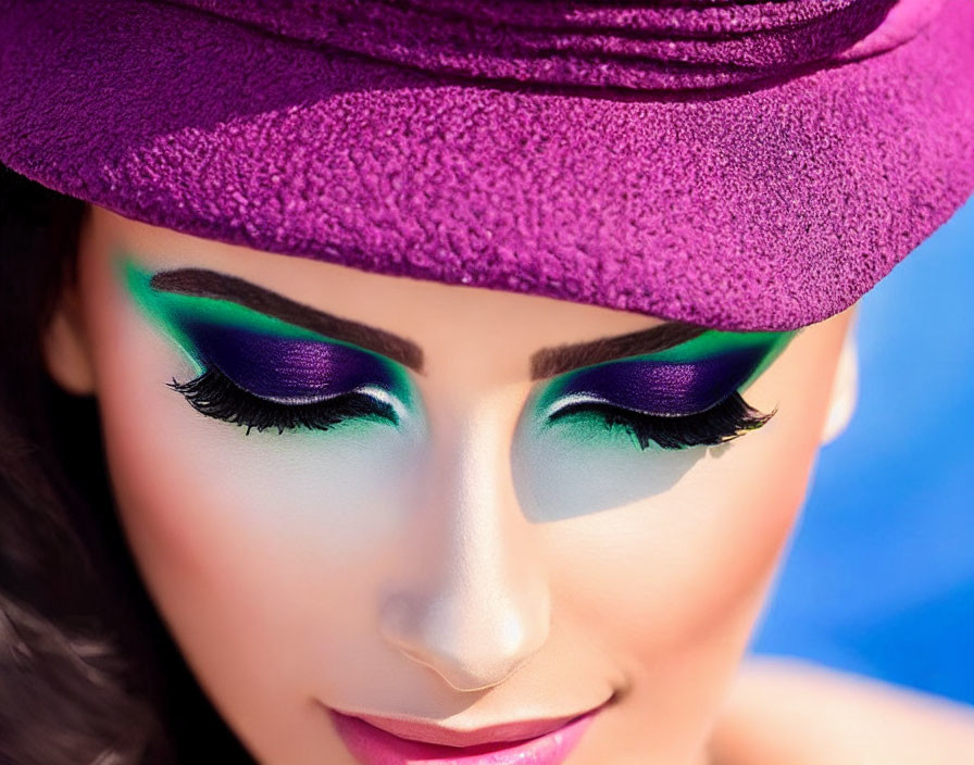 Vibrant purple and green eyeshadow on woman with long eyelashes and purple hat