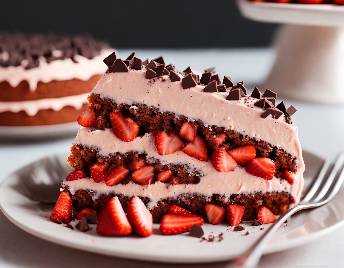 Chocolate cake slice with pink frosting, strawberries, and chocolate shavings on white plate