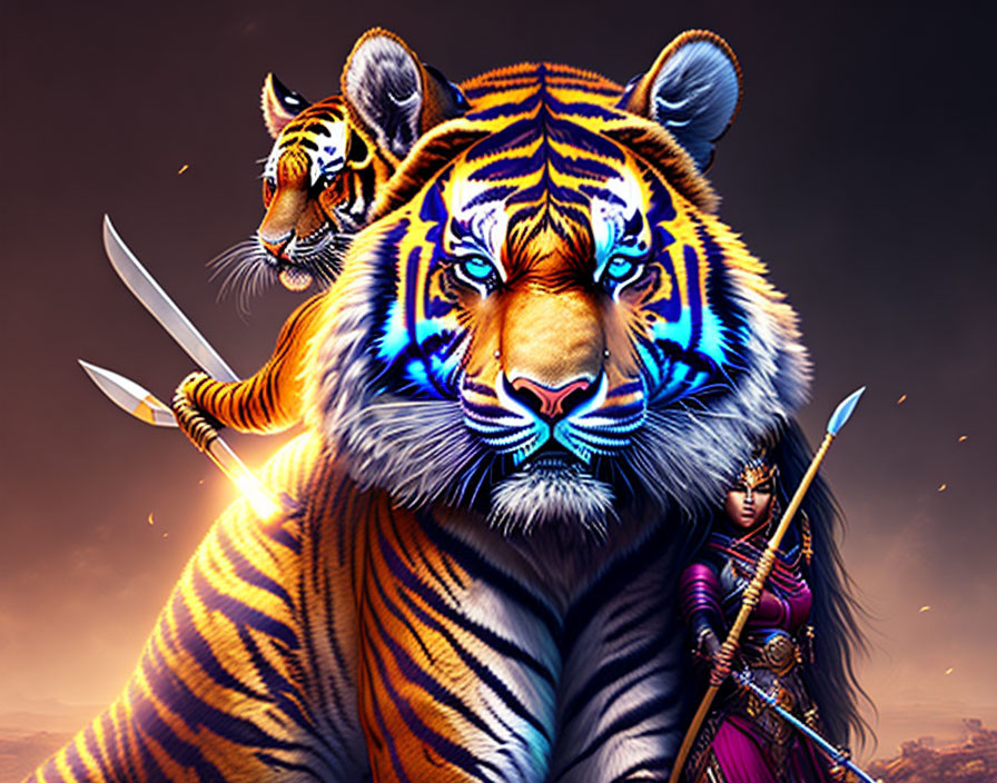 Digital artwork: Tiger and warrior woman against dusky sky