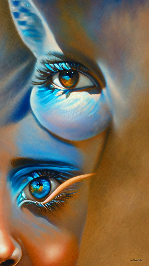 Surreal painting: Woman's face with duplicate eyes and horse-like features