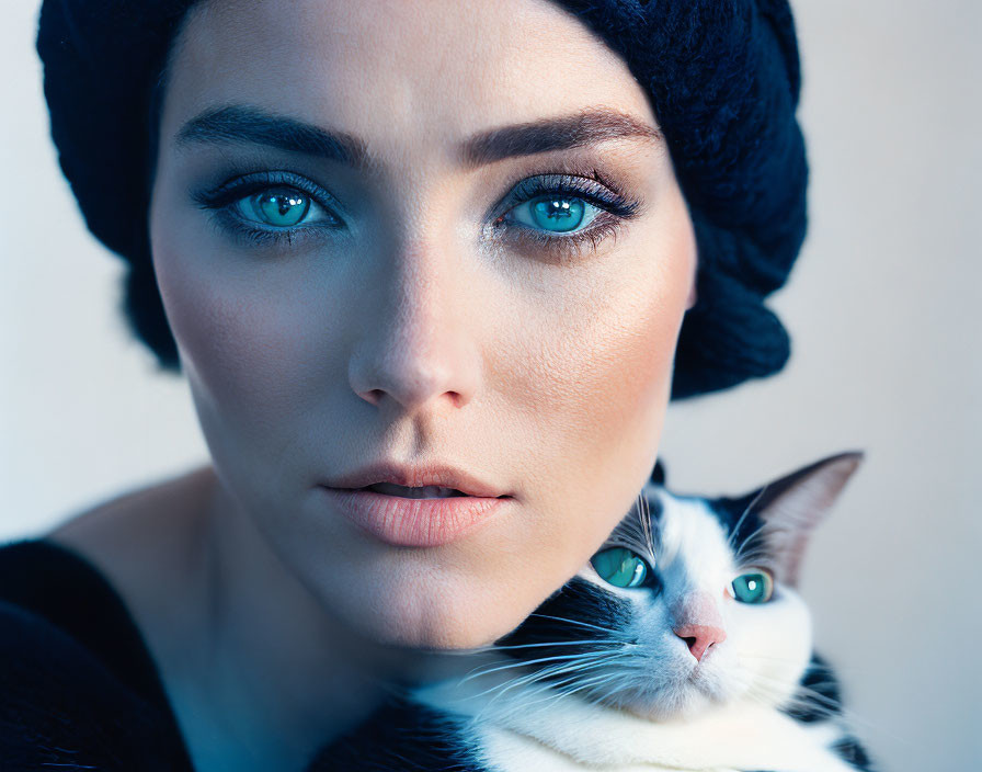 Portrait of woman with blue eyes holding black and white cat.