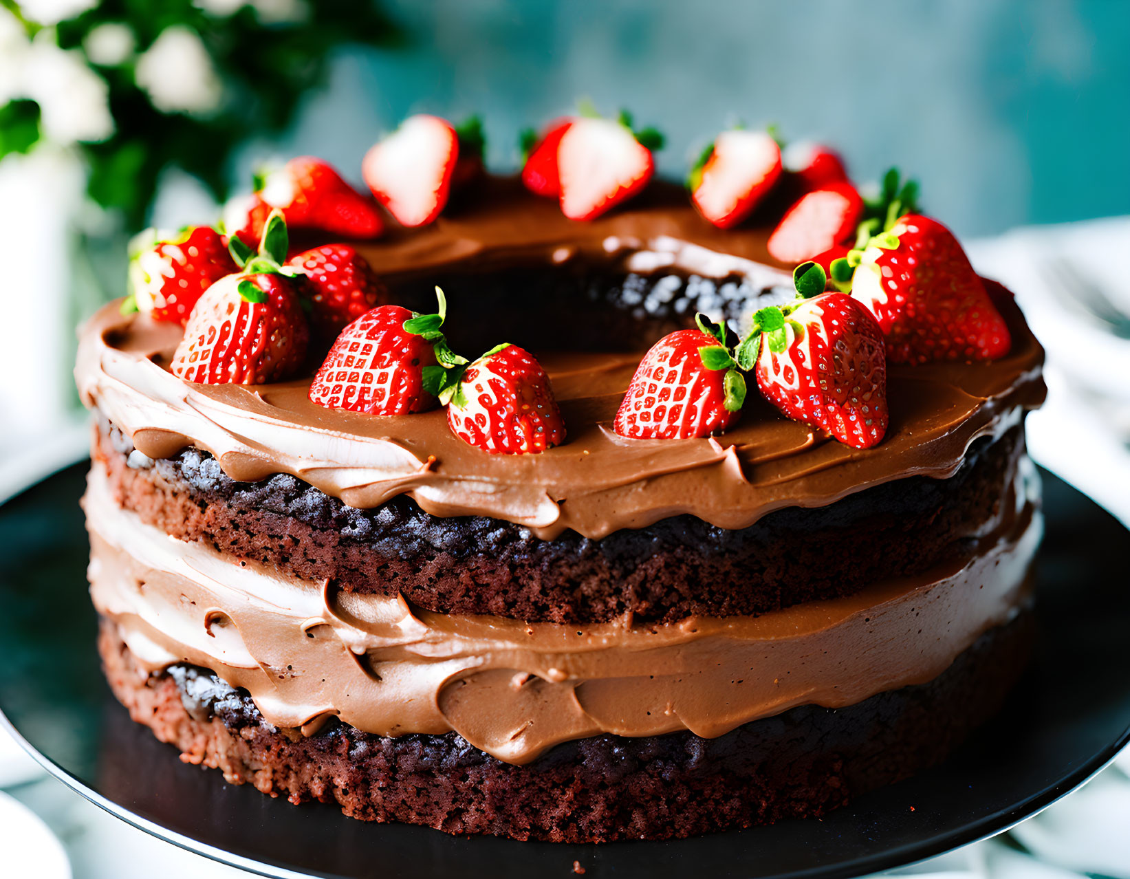 Layered Chocolate Cake with Frosting & Fresh Strawberries on Plate