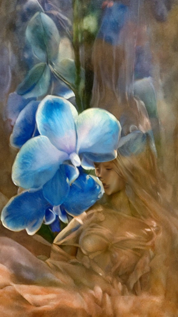 Surreal portrait of woman fused with vibrant blue orchids