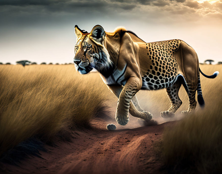 Surreal creature: cheetah body, lion head, in African savanna