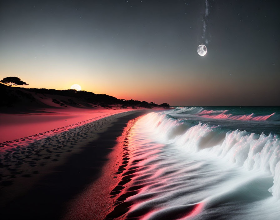 Moonlit beach scene with crashing waves and sunset hues.