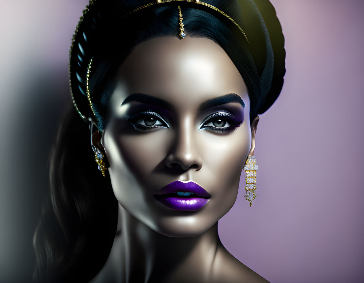 Portrait of woman with purple makeup, gold earrings, and headgear on gradient backdrop