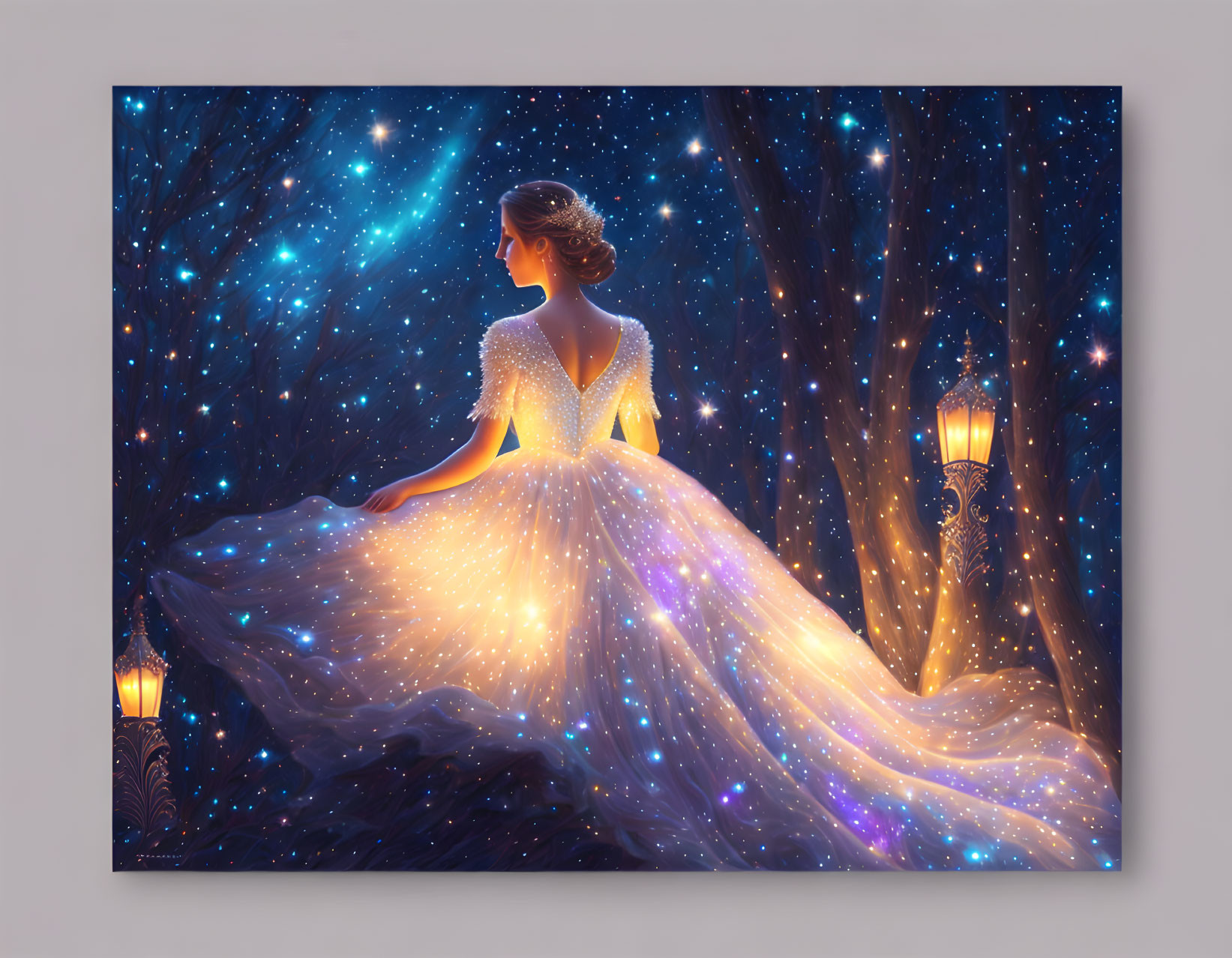 Illustration of woman in glowing, starry gown under celestial night sky