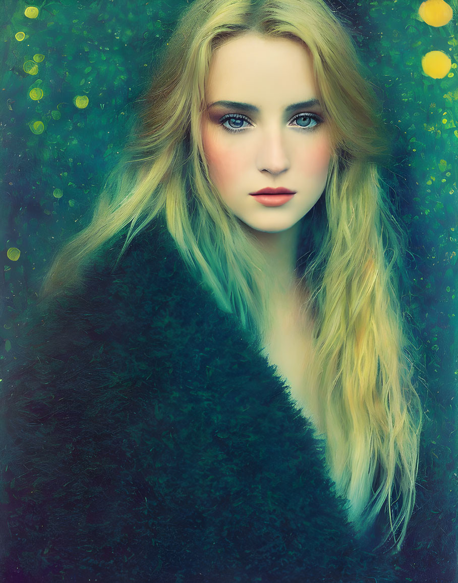 Blonde woman in fur coat with blue eyes on green bokeh background