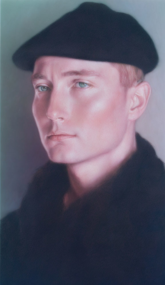 Portrait of person with fair skin and light eyes in black beret, gazing sideways.