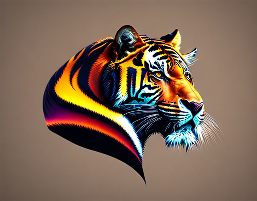 Colorful Tiger Head Artwork with Neon Stripes on Taupe Background