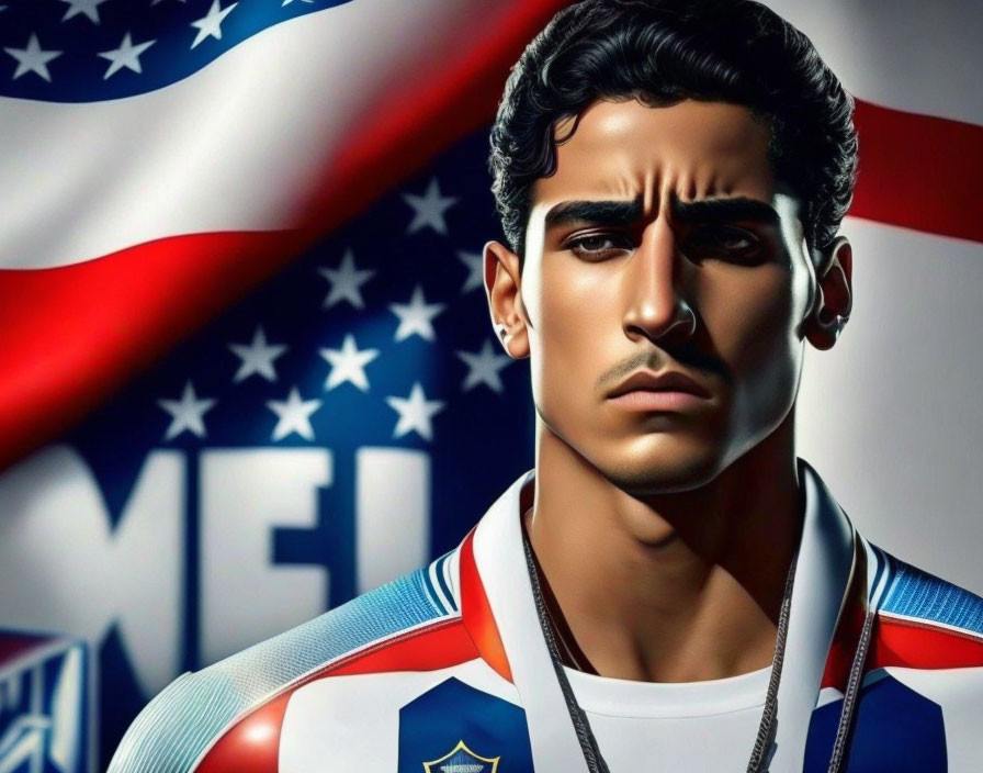 Man in sports jersey with stylized features and American flag backdrop