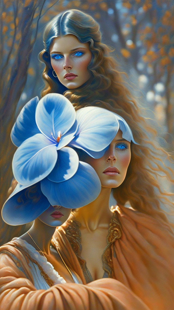 Ethereal women with blue eyes holding flower in autumn forest illustration