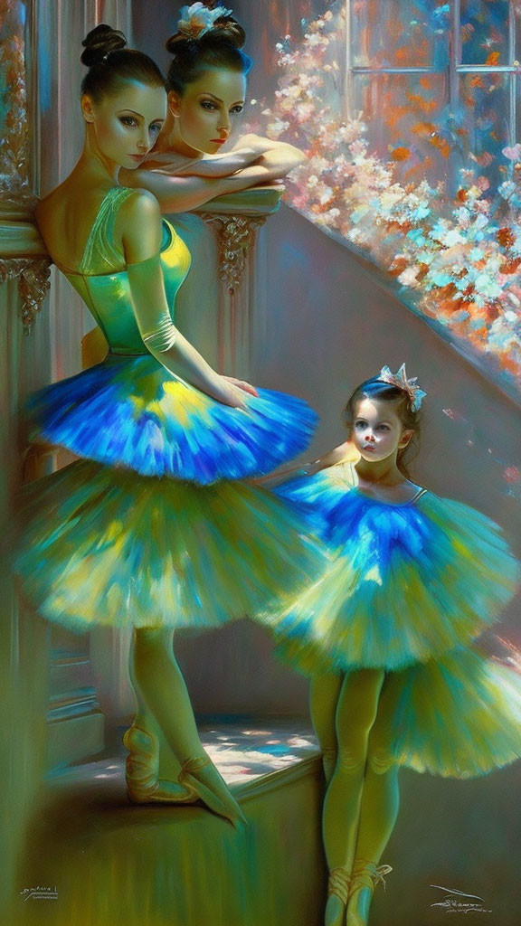 Two Ballet Dancers and Young Girl in Blue and Yellow Tutus by Staircase