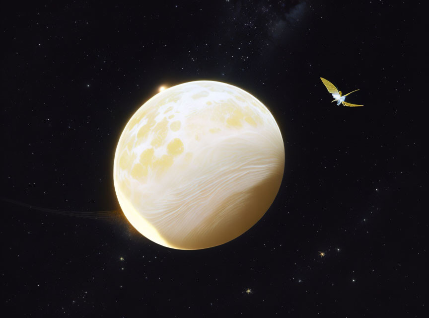 Yellow Textured Planet with Bird-Like Spacecraft in Starry Sky