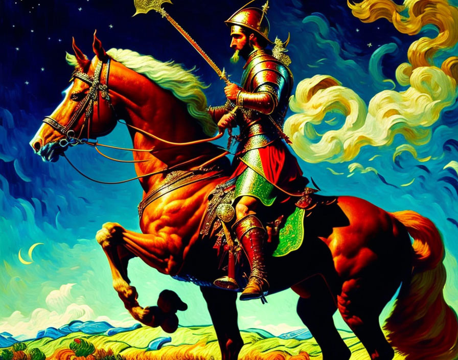 Knight on horseback with spear under dramatic sky