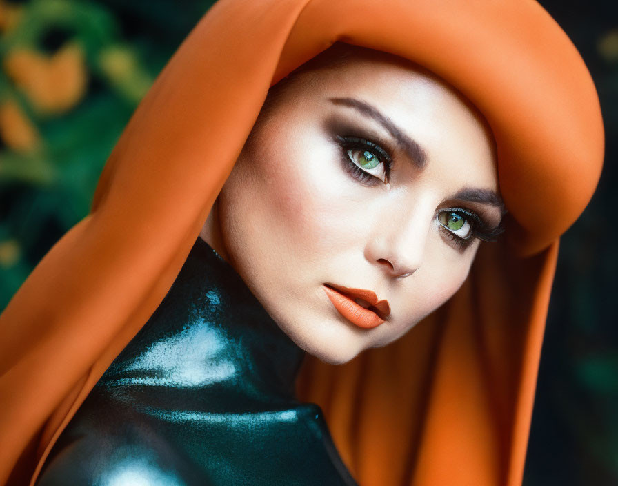 Woman with Green Eyes in Orange Headscarf and Black Outfit