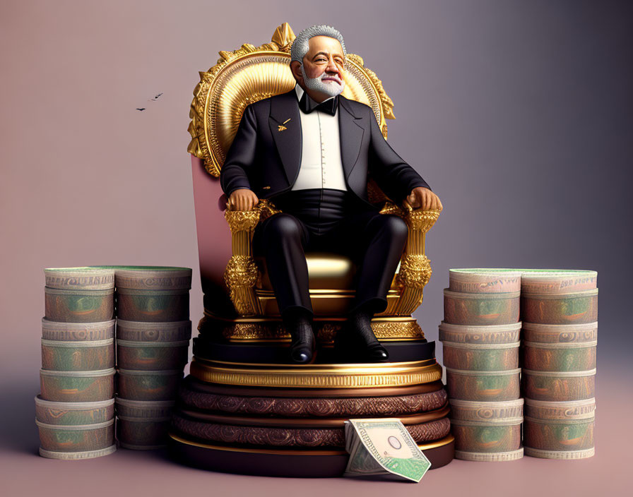 Stylized 3D illustration: Man with beard on golden throne surrounded by money