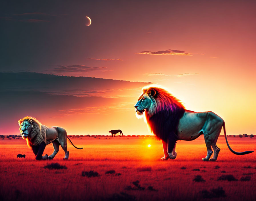 Vividly colored maned lions in African savannah at dusk