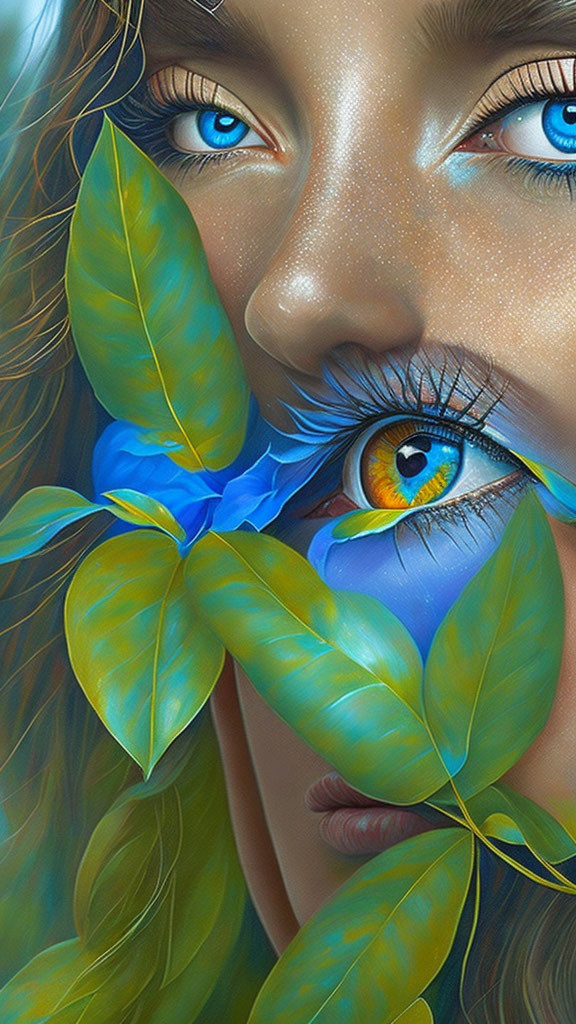 Close-up of woman's face with vibrant blue eyes framed by green leaves and blue flower.