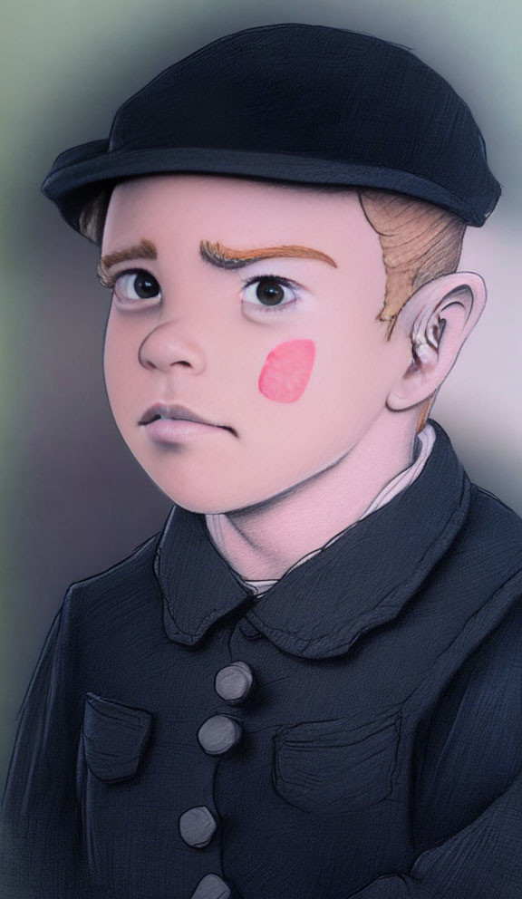 Digital illustration: Boy with flat cap, dark jacket, red kiss mark.