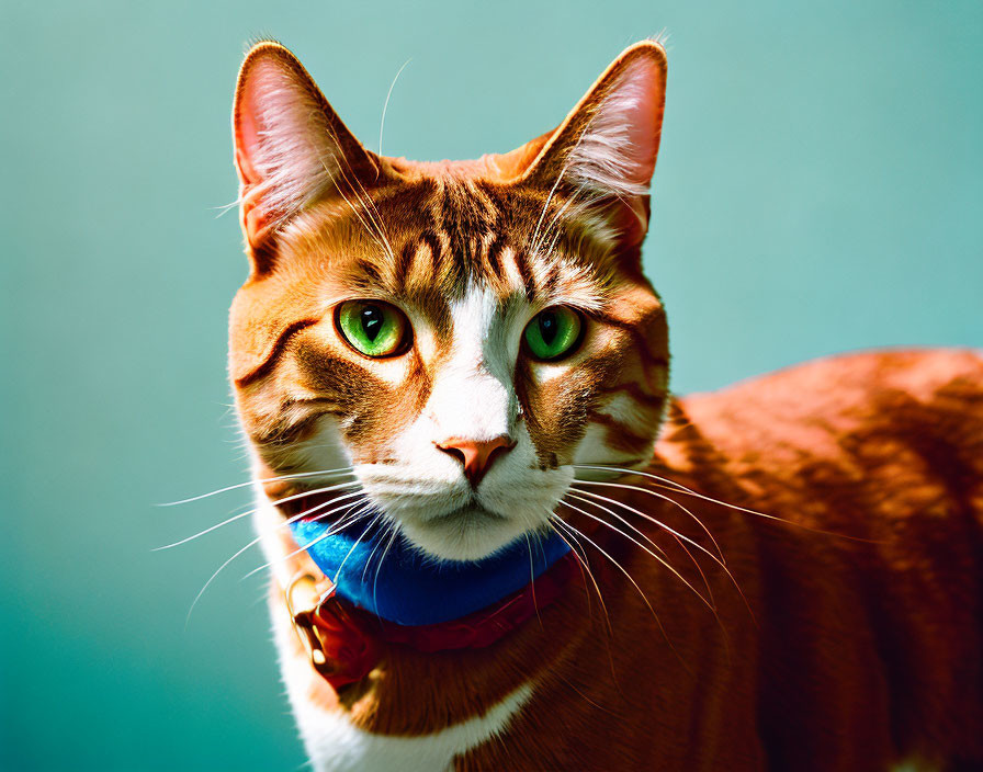 Orange Tabby Cat with Green Eyes and Blue Collar on Teal Background