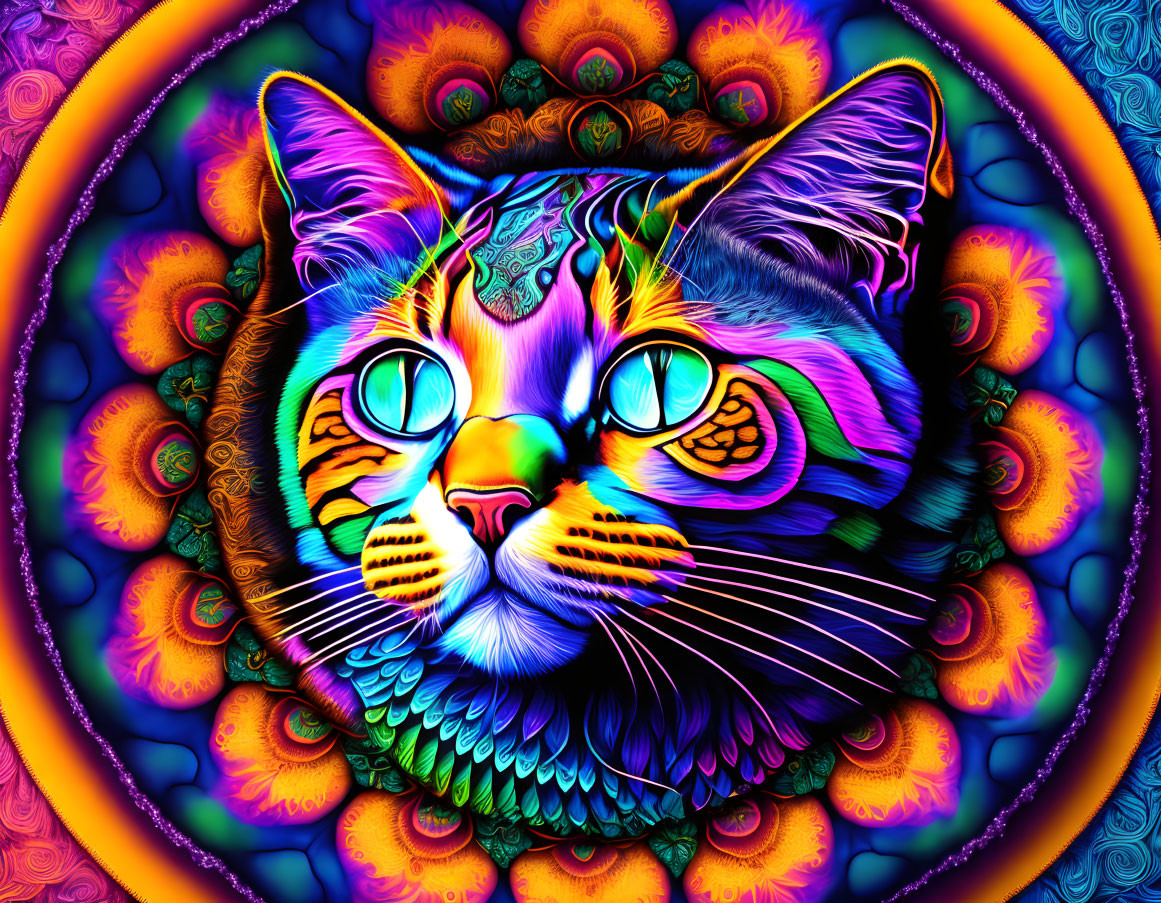 Colorful psychedelic cat digital art with peacock feather background