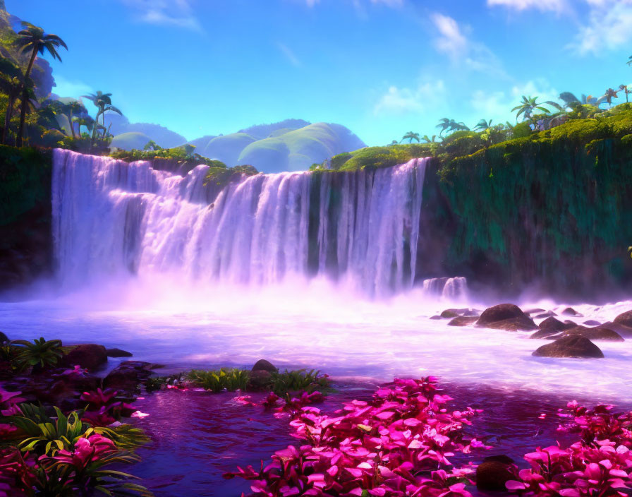 Tranquil animated waterfall amidst lush greenery