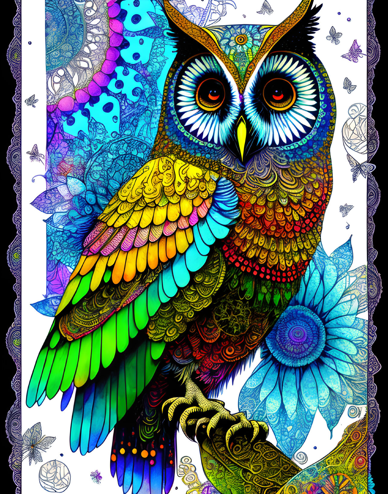 Colorful Owl Illustration with Detailed Feathers and Intricate Patterns