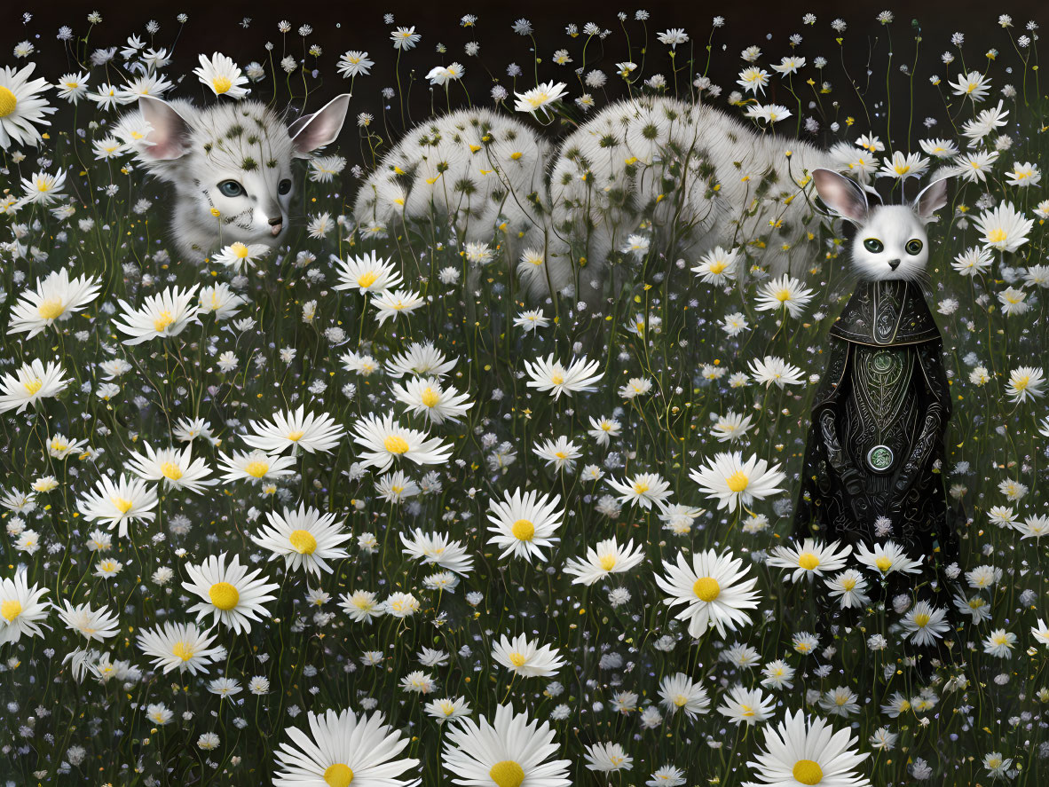 Whimsical illustration of feline-faced animals in daisy field