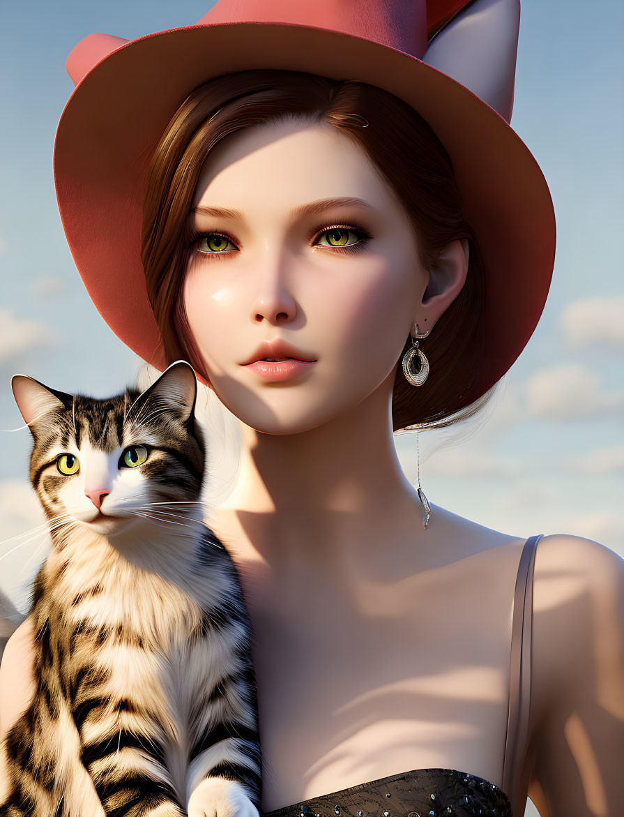 Portrait of woman with wide-brimmed hat and tabby cat resting on shoulder